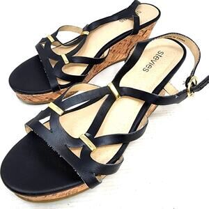 Stevies Black Cork Wedge Sandals‎ Strappy Low Platform Wedge Women's Gift Size 4